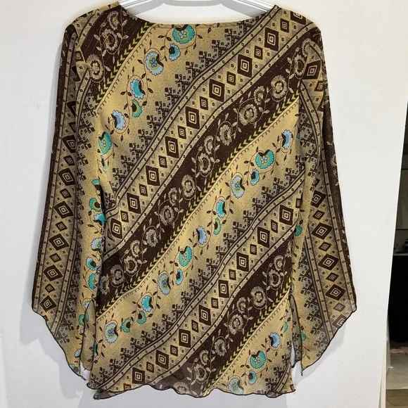 Brown Boho Y2K V-Neck Bell Sleeve Blouse M - Picture 10 of 14